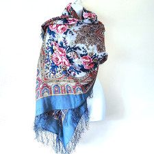 VINTAGE OVERSIZED 58" SQUARE SHAWL FINEST SILKY WOOL BLUE PIANO FLORAL ROSE