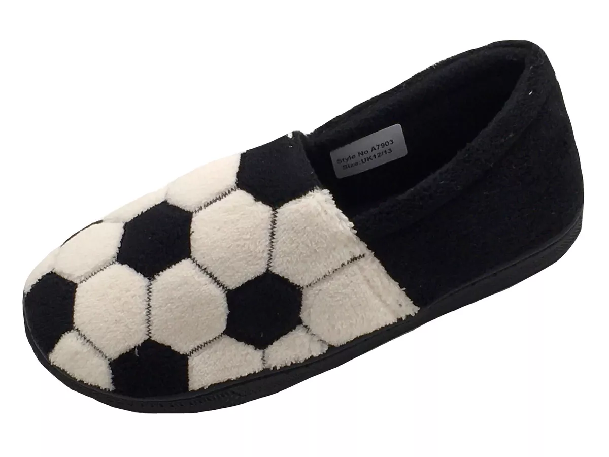Boys football Slippers Black White Full Slip On Size 12 13 1 2 3 4 Older Kids