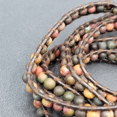 Bohemian Boho Agate Stone Bead Dark Brown Leather Wrap Bracelet 33"-35" - Picture 4 of 5