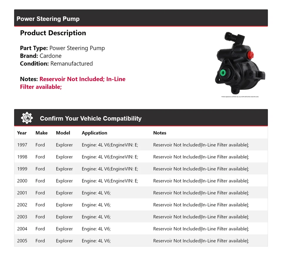 Bomba de dirección asistida Cardone 1998 1999 2000 para Ford Explorer 1997-2005 4L V6 Foto 2 de 4