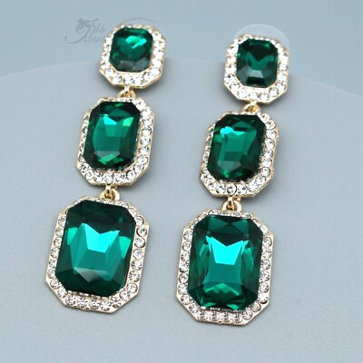 Dangle Earrings Women Gold Plated Simulated Emerald Green