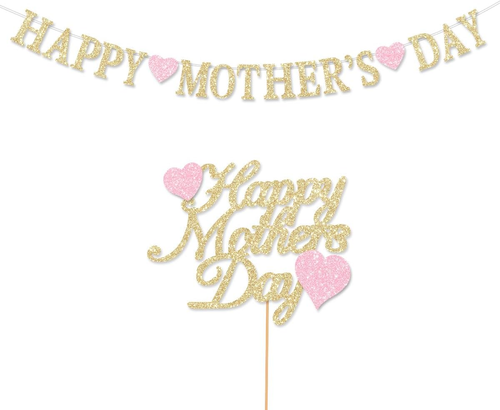 Happy Mother'S Day Banner Party Decorations Glitter Gold Cake Topper Best Mom Ev