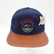 Vintage Alaska Strap Back Leather Brim Cap Hat Blue Brown NWT VTG USA Made
