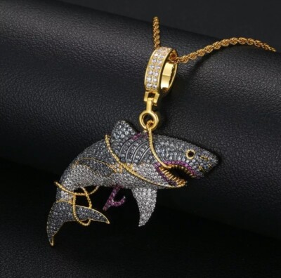 Shark Hunt 14K Gold Plated Silver Charm Iced Out 4CT Simulated