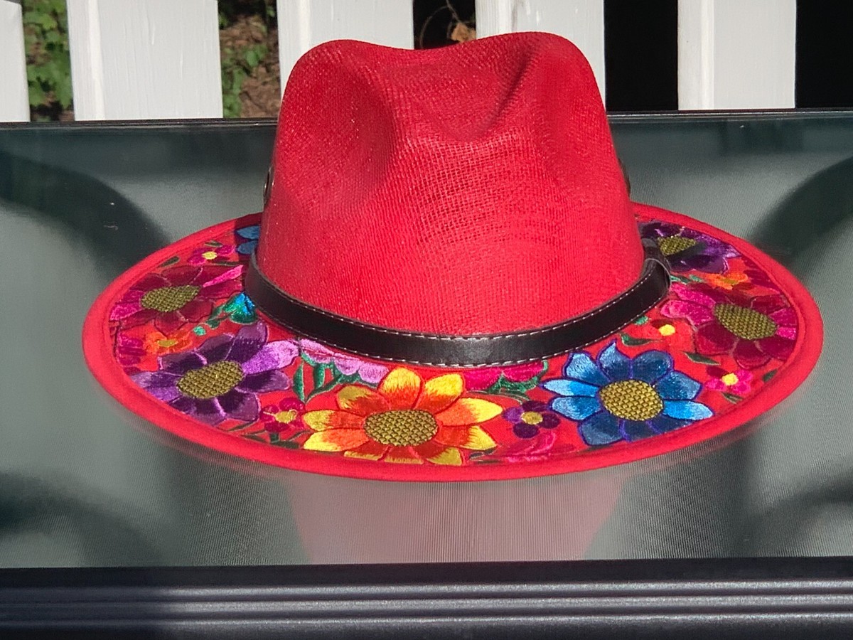 Mexican Artisenal Fedora Jute Hat Floral Stitching Red M D2 