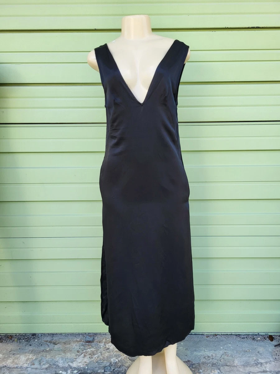 ZARA Black satin DRESS V NECK STRAP MIXI XS OA96