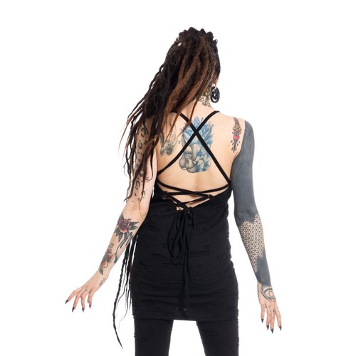 Vixxsin Low Tie Back Black Distressed Morgan Top Punk Goth Punk Biker SALE - Picture 2 of 2