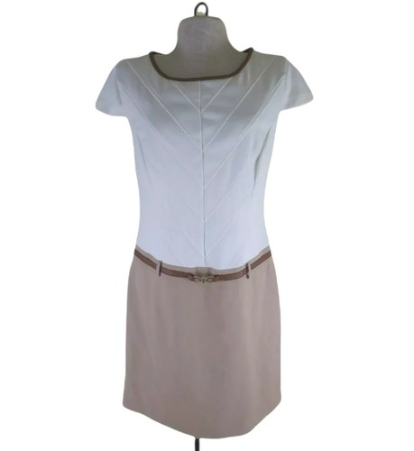 Ellen Tracy Retro Vintage Style Tan, Ivory Belted, Cap Sleeve Dress Women SZ 4 - Picture 2 of 5