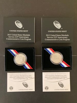 (2)2015 S D-US Marshalls 225th Anniversary PROOF+UNC Clad Half Dollar Coin COA