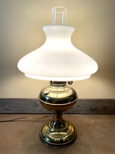 Converted Brass Oil Kerosene Lamp w/ Milkglass Glass Shade Hurricane Old Vintage