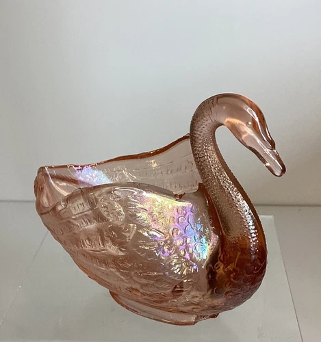Fenton Pink Swan Trinket Candy Nut Dish Glass Opalescent Figurine Iridescent Vtg