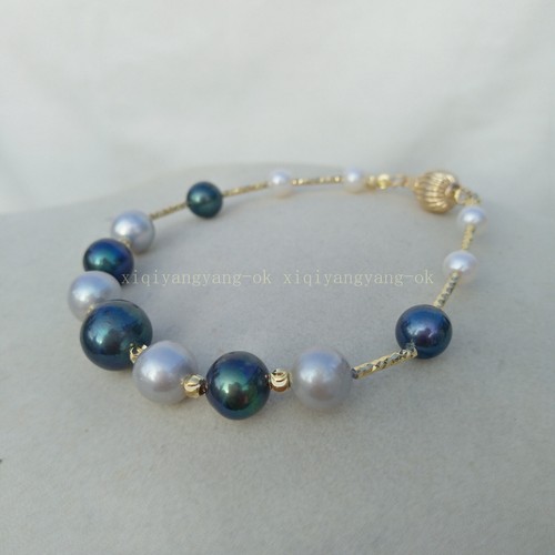 7.5-8" charming white Black Gray south sea natural pearl bracelet 14k Gold P - Picture 2 of 6