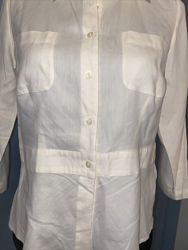 100% silk Kim ROGERS Women’s Blouse Quarter Length Sleeves. Sz PM Ivory Button - Picture 4 of 11