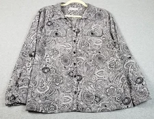 REBECCA MALONE Button Up Shirt Womens Large L Black White Floral Paisley Stretch