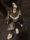 VINTAGE 14” Harlequin Mardi Gras Jester Porcelain Doll Black And Gold EUC