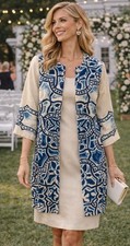 New Chico  s 3 100 Linen Artisan Jacket US 16/18 Blue Cream Open Front Pockets