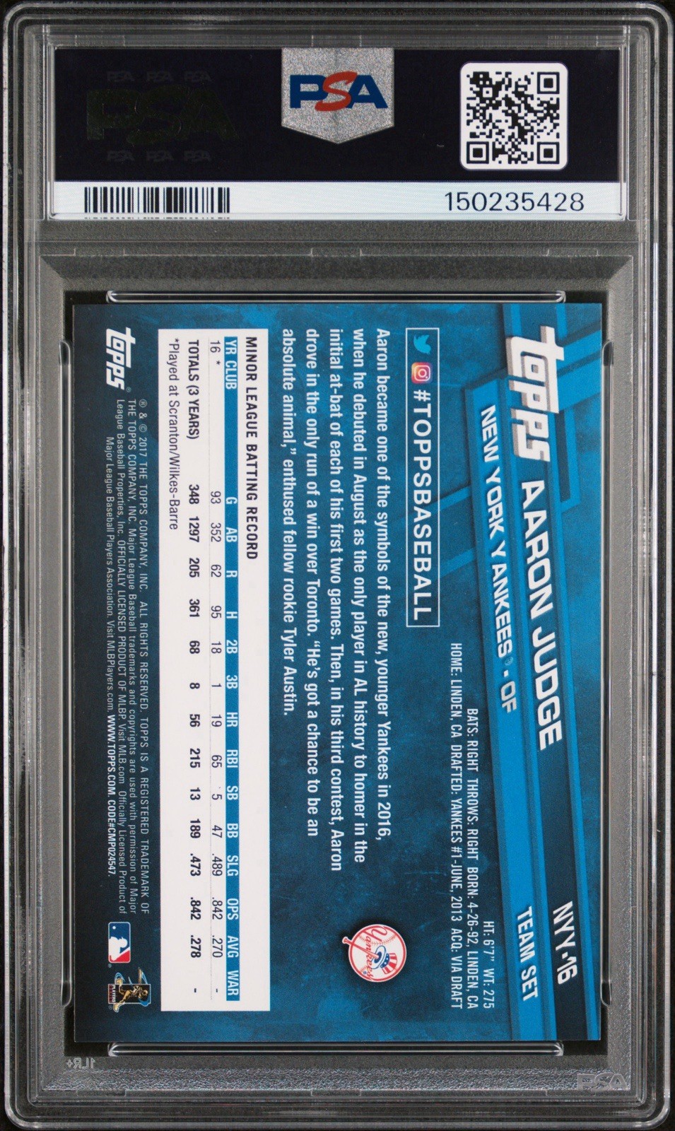 Aaron Judge 2017 Topps New York Yankees Team Set Rookie #NYY-16 PSA 10 RC Gem MT view 2