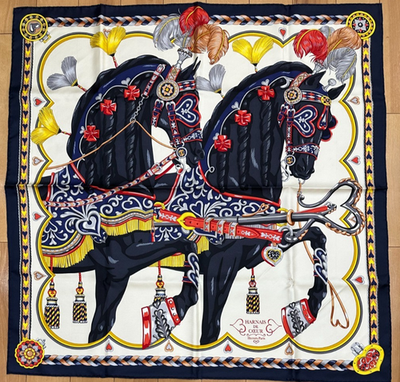 UNUSED! HERMES Harnais De Coeur Carre 90 Silk Scarf Horse Navy
