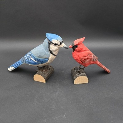 Carved Wood Bird Set Blue Jay and Cardinal Handmade Painted by Wildlife Garden