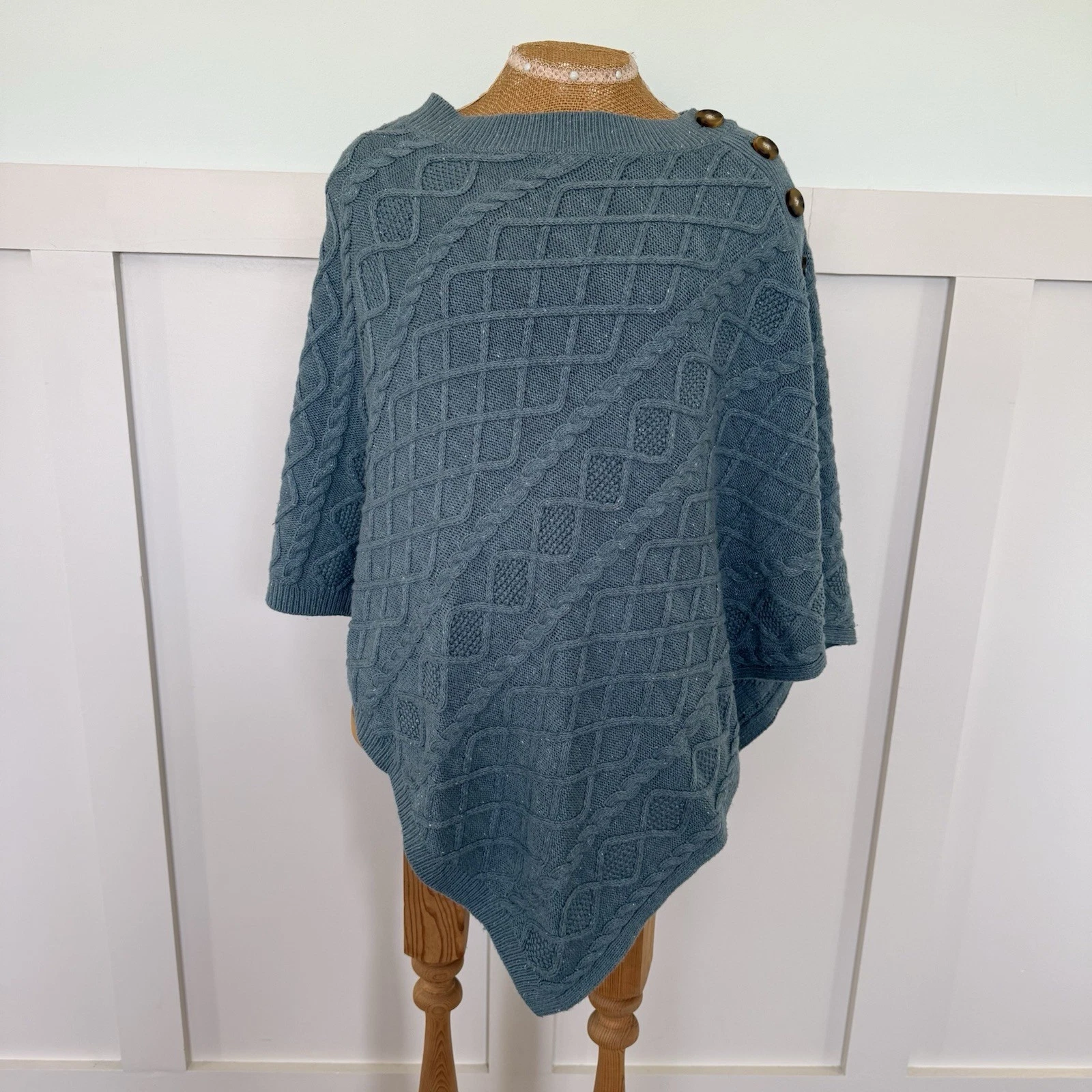 J. Jill Sweater Poncho One Size Teal Cable Knit Layering Cape Transition Buttons