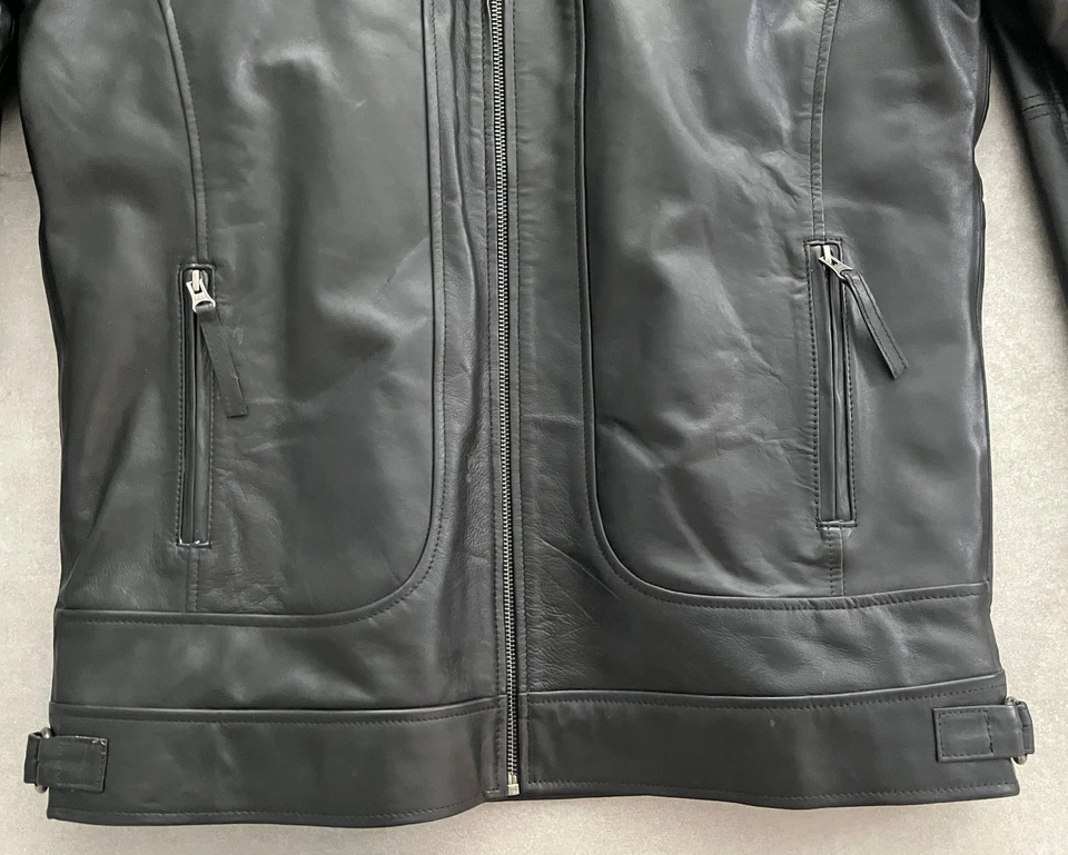 NEW NYC Cafe Racer Black Leather Motorcycle Jacket Medium Biker Zip Snap Collar - Image 3 of 4