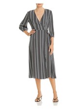 VERO MODA Womens Blue Tie Unlined 3/4 Sleeve Below The Knee Wrap Dress XS