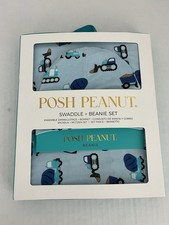 Posh Peanut Bamboo Swaddle Blanket  Beanie Set Construction Trucks Newborn NWT