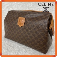 CELINE Macadam Cosmetic Pouch Brown PVC Leath...