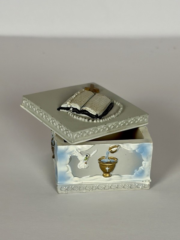 Vintage First Communion Trinket Box Bible Rosary Dove Baptism Keepsake