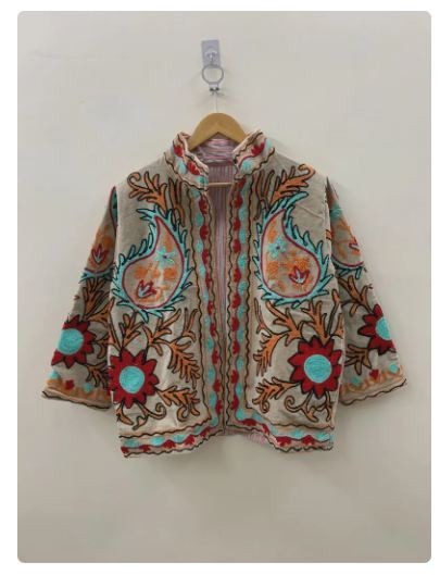 Beige Embroidered Velvet Floral Suzani Winter Jacket |Gift For Her | Duster Coat