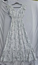 Express Dress Womens XS White Dalmatian Smocked Maxi Flutter Sleeve V Neck