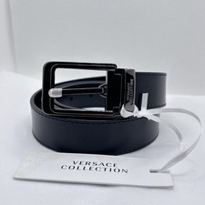 NWT 285 Versace Collection Leather Logo Buckle Belt One Size Black Sz 120
