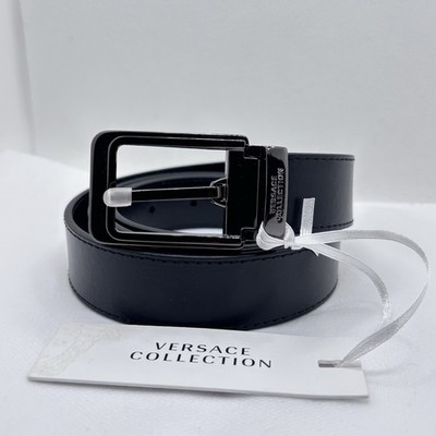 NWT $285 Versace Collection Leather Logo Buckle Belt One Size Black Sz 120