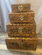 Set of (4) Vintage Hand Carved Wooden Chest Nesting Boxes Stackable