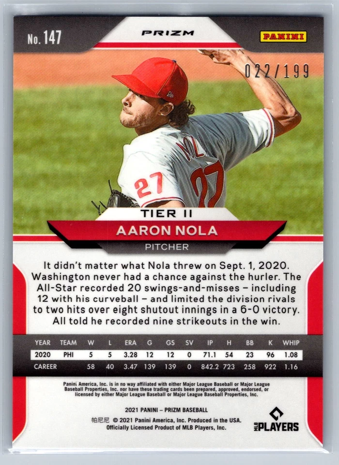 2021 Panini Prizm #147 Aaron Nola Blue Donut Circles Prizm #/199 - Image 2 of 2