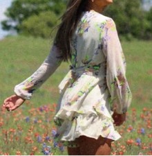 Altar  d State Ivory Floral Ruffle Romper Sheer Long Sleeve Chiffon. Ivory Multi