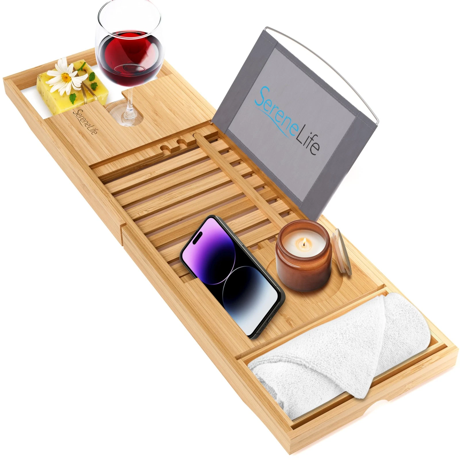 SereneLife Luxury Bamboo Bathtub Caddy - Thumbnail 2