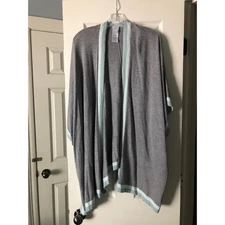 Chico's Womens Gray & Blue Trim Open Front Cashmere Kimono Poncho Cape Shawl S/M