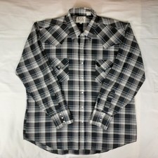 VTG Ely Cattleman Pearl Snap Shirt Mens XL Gray Plaid Cowboy Flap Patch Pocket