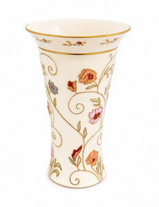 Unmarked Porcelain Vase White Floral Scroll Pattern Gold Trim Multicolor
