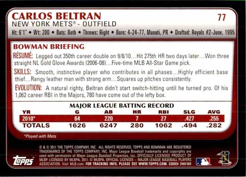 2011 Bowman Carlos Beltran New York Mets #77 - Picture 2 of 2