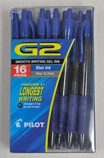 16 Pilot G2 G-2 Retractable Blue Gel Ink Fine Point 0.7mm Roller Pen Smearproof
