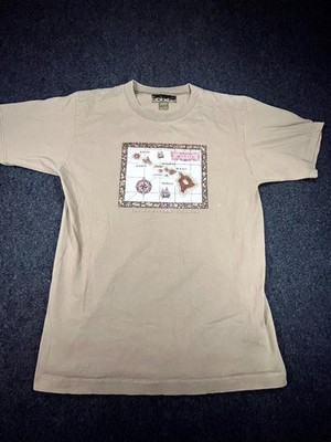 Y2K ABC Design T Shirt Mens Medium Khaki Cotton Graphic Hawaiian Islands Map