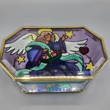 Stained Beveled Glass Angel Jewelry Trinket Box With Lid Brass Edges