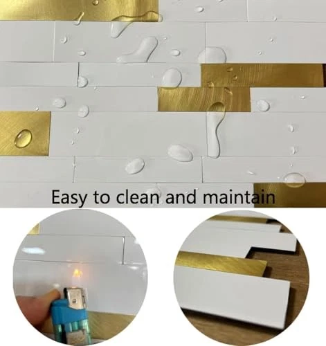 -Hoja Pelar y Pegar Azulejo Salpicadero, PVC Mezcla Metal 10 Blanco + Dorado Esmerilado Foto 3 de 4