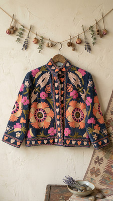 Boho Floral Embroidered Jacket Women's Blue Folk Art Handmade Statement Coat