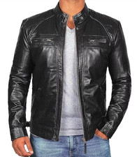 Men's Black Genuine Sheep Leather Jacket Biker Cafe Racer Motorcycle Coat