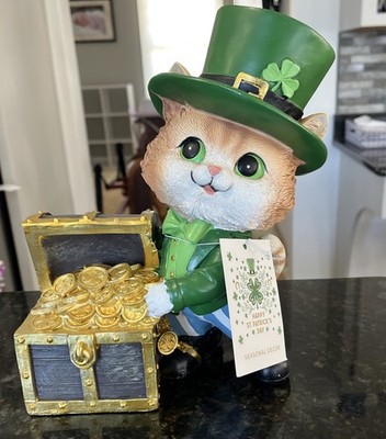 LUCKY LANE St.Patrick's Day Kitty Cat Chest of Gold Coins Figurine 9.5''