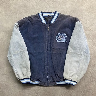 UNC Tar Heels Varsity Jacket Mens Large 90s Suede Leather College Bomber, Navy