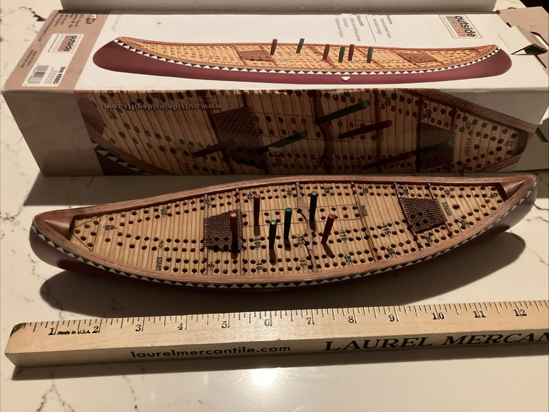 Outside Inside - Hand Painted 14: wooden Canoe Cribbage Board New with Pegs